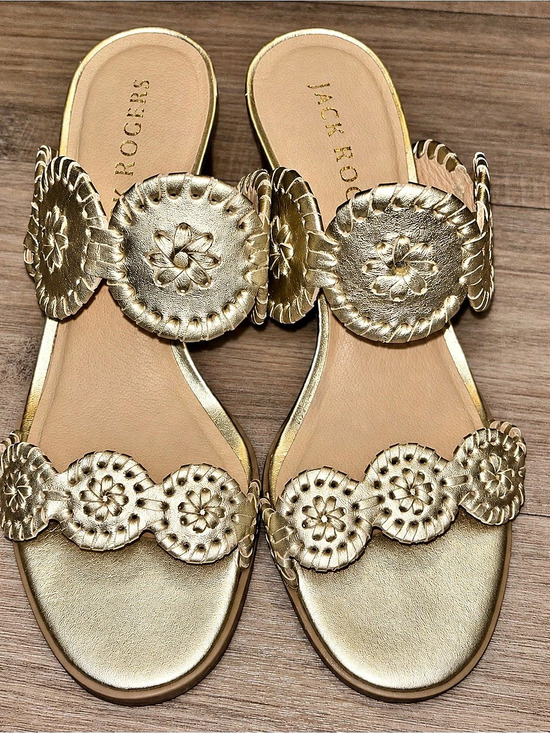 Jack Rogers Shoes - Jack Rogers Gold Floral Embellished Leather Block Heel Sandals Size 7.5